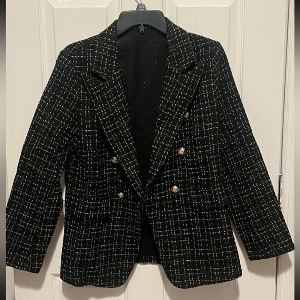 Classic Tweed Double Breasted Black Blazer Jacket Long Sleeve - Picture 8 of 9